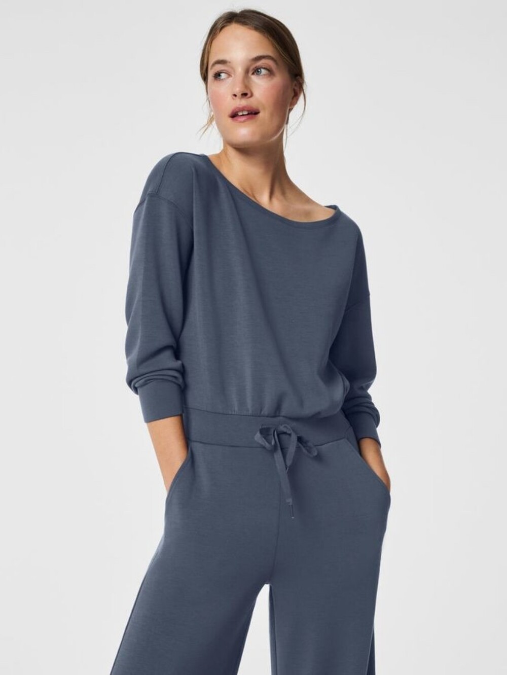 Spanx AirEssentials Off Shoulder Jumpsuit Blue Size SP Wide Leg Slouchy Lounge - Picture 2 of 14